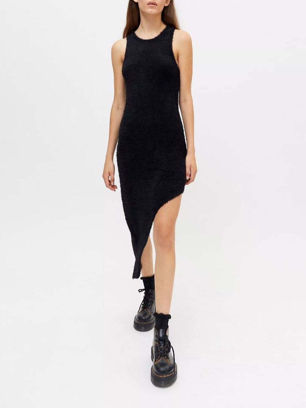 Bardot The Fluffy Knit Dress Black Asymmetrical Midi Size M